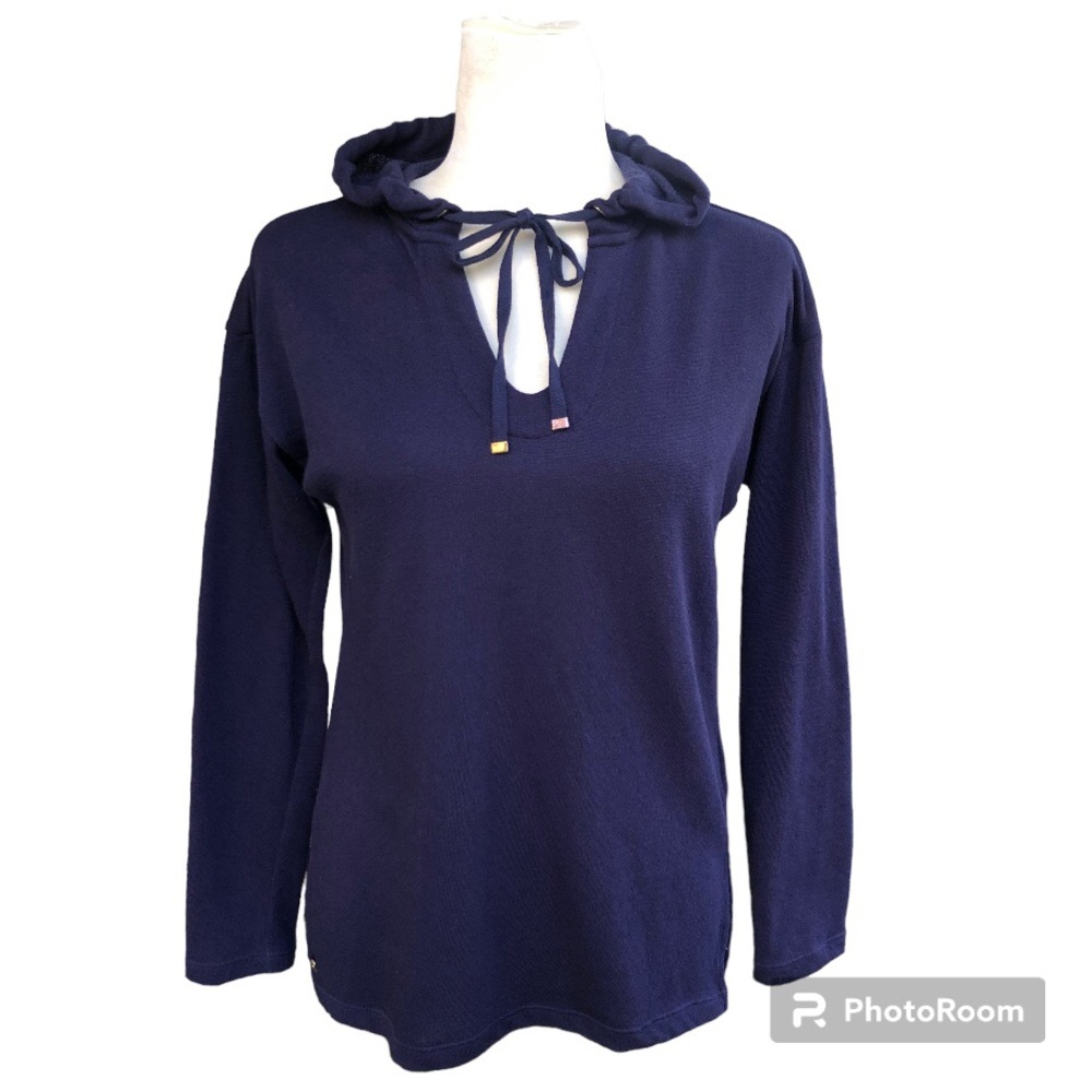 Lilly Pulitzer Navy Blue V Neck Long Sleeve Hooded Sweater Women’s